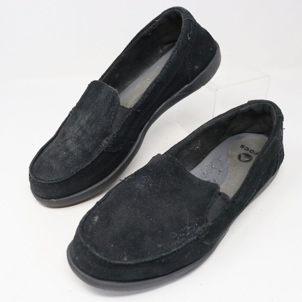 CROCS Black Walu Canvas Loafer Size 8 Faux Suede Sparkly, Shimmer